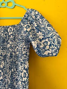Blue Floral Midi Dress, size S, stretchable.