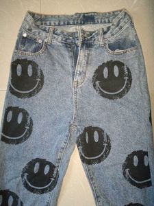 Smiley Face Print Denim Jeans