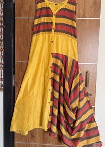 Yellow Kurta with Red &amp; Brown Stripes
