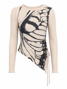 Butterfly Print Ruched Long Sleeve Top