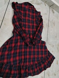 Red Plaid Button-Up Shirt with "Rainbow" Detail