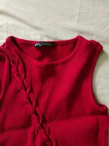 Red Ribbed Lace-Up Tank Top