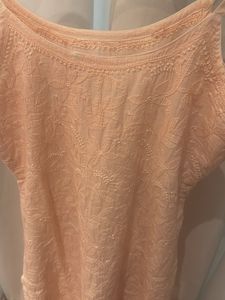 Peach Chikankari Pure Cotton Spaghetti Sleeve Kurt