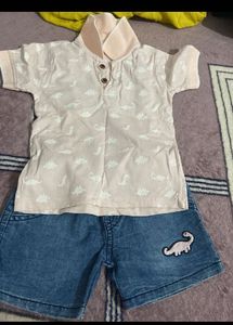 Cute Dinosaur Print Top and Denim Shorts Set