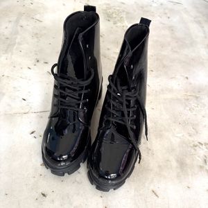 Glossy Black Lace-Up Ankle Boots
