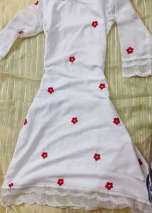White Kurta /kurti / anarkali with Red Floral Embr