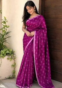 Vibrant Purple Saree with White Motifs