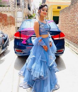 Blue Grey Lehenga With Blouse And Dupatta