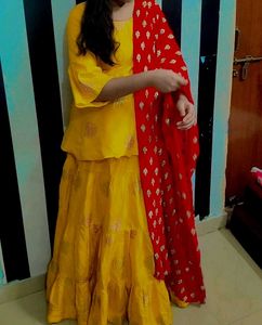 Yellow Lehenga Choli with Red Dupatta