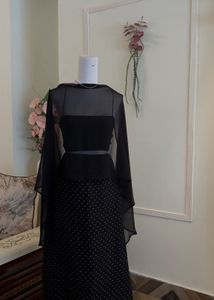 chiffon drape with polka dot flowy skirt