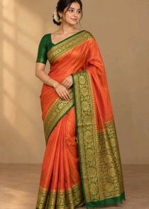 Orange Saree with Green Border pure silk