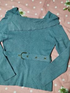 Teal Off-Shoulder Belted Top