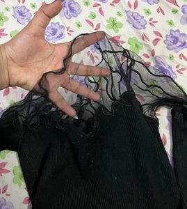 Chic Black Ruffled Sheer Sleeve Top
