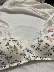 Floral Print Bra with Lace Trim
