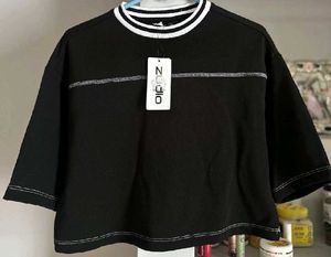 Black Cropped Top with Contrast Stitching