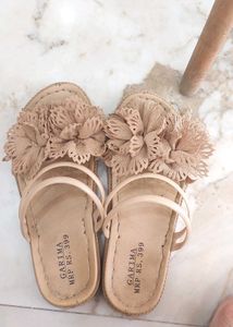 Beige Flower Embellished Flat Sandals