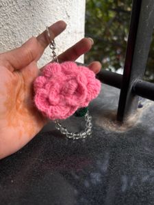 Crocheted Pink Rose Keychain 🌸