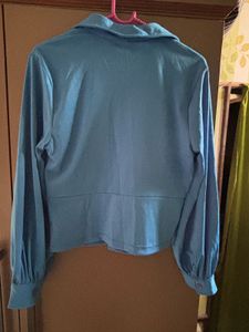 Blue Ruched Button-Up Shirt
