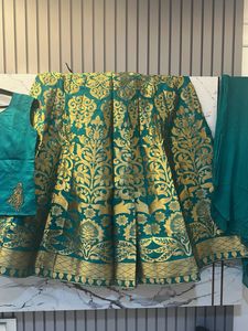 Silk Teal &amp; Gold Brocade 3 piece  Lehenga KurtiSet