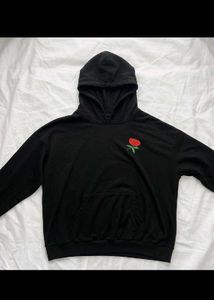 Black Oversized Rose Embroidered Hoodie