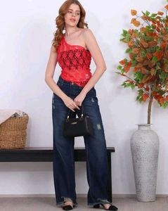 Red Lace One-Shoulder Top (70% off on MRP) SIZE: M