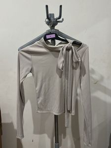 Elegant Beige Long Sleeve Tie-Neck Top