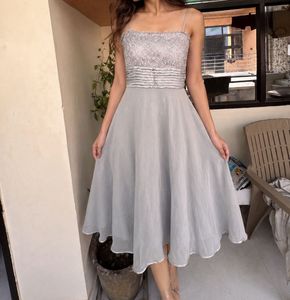 Elegant Grey Lace Overlay Dress