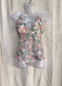 69. Sheer Floral Applique Halter Top