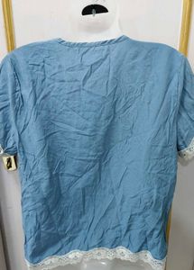 Blue Lace Trim Short Sleeve Top