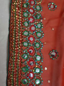 Orange Embroidered Saree with Mirror Work