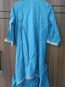 Blue Polka Dot Kurta Set with Lace Trim
