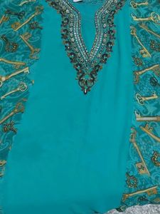 Embellished Teal Kaftan with Key Print