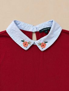 Charming Red Top with Floral Collar