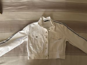 White Crop Denim Jacket with Side Stripes