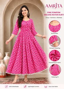 Pink Pompom Viscose Rayon Anarkali Kurti