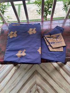 Elegant Navy Blue temple printed silk saree