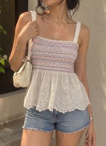 White Embroidered Smocked Tank Top