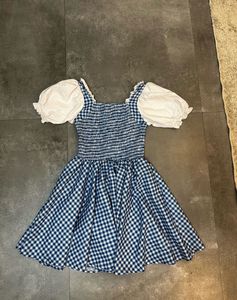 Blue Gingham dress with white puff sleeves