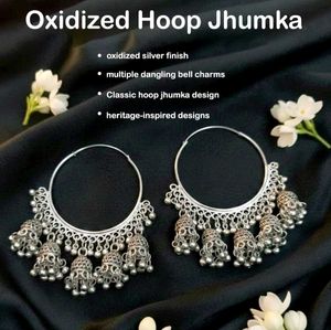 Boho Silver Jhumka Hoop Earrings