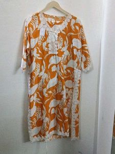 Orange Floral Print Kurta with Lace
