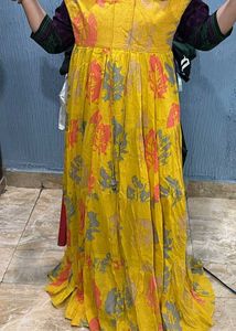 Yellow Tiered Maxi Dress with Leaf Print