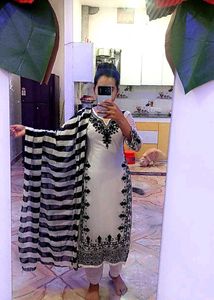 Elegant White Kurta with Black Embroidery