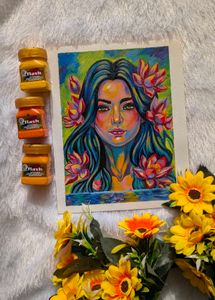 Vibrant Portrait Painting with Lotus Flowers
