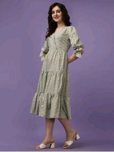 Elegant Sage Green Printed Midi Dress with Tiered