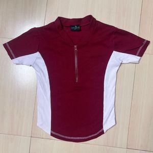 Maroon & White Zip Neck Top