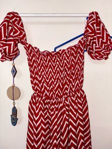 Red Chevron Print Off-Shoulder Summer Dress
