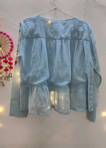 Embroidered Blue V-Neck Peplum Top