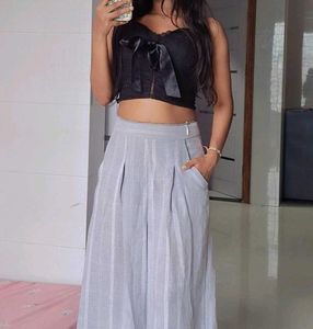 Stylish Black Top &amp; Striped Pants Set