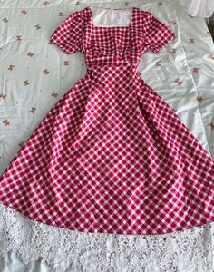 Red Gingham Lace Trim Dress