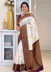 Elegant White &amp; Purple Saree